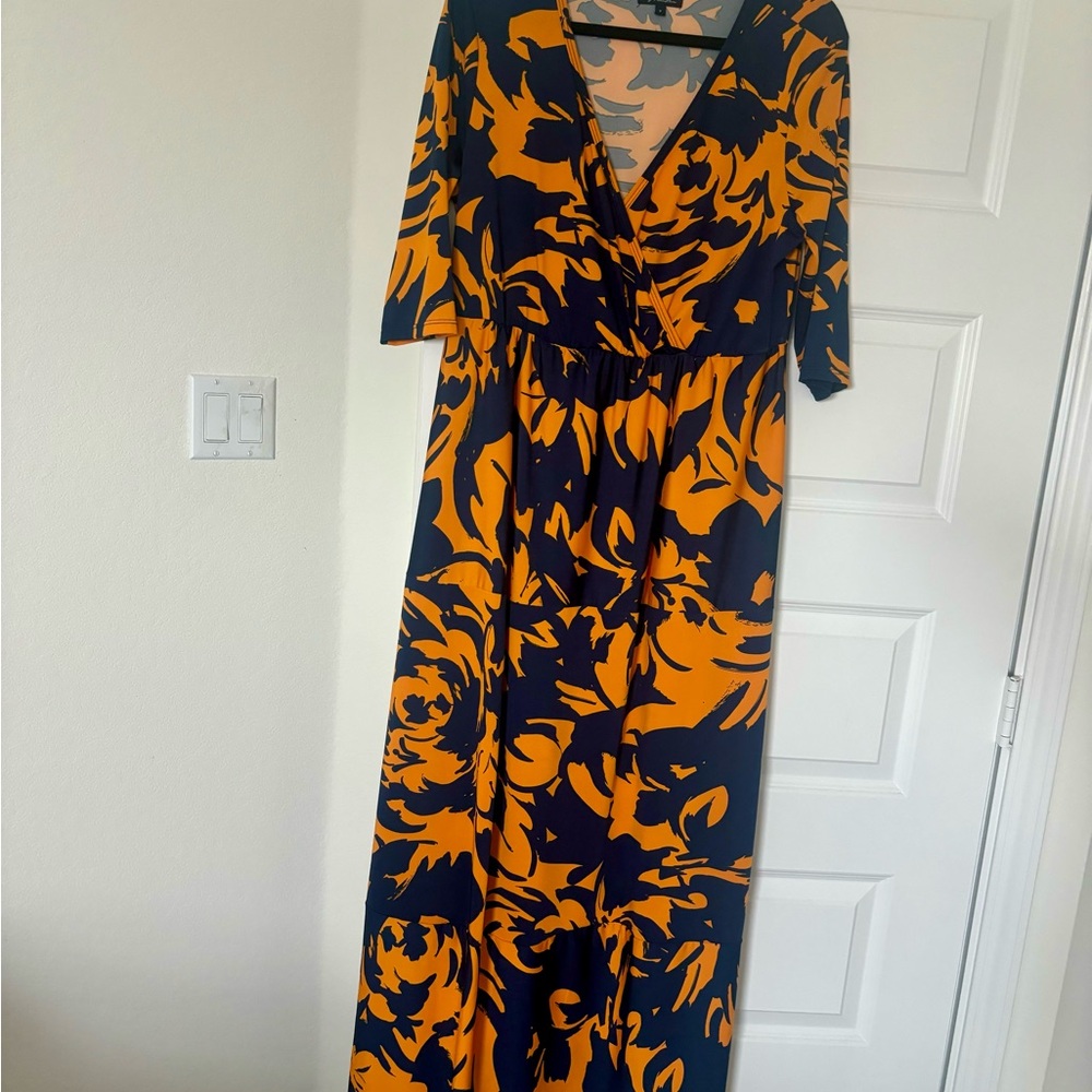 Floral V-Neck Maxi Dress - Navy and Orange